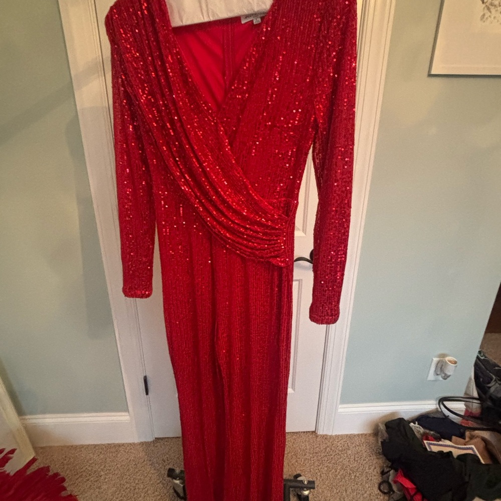 Red Sequin Long Sleeve Wrap Dress - Women